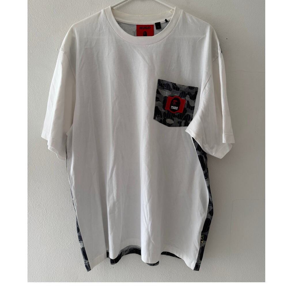 HUGO x Mr. BATHING APE Men's White Graphic Logo Camo Crew Neck Pocket T-Shirt L